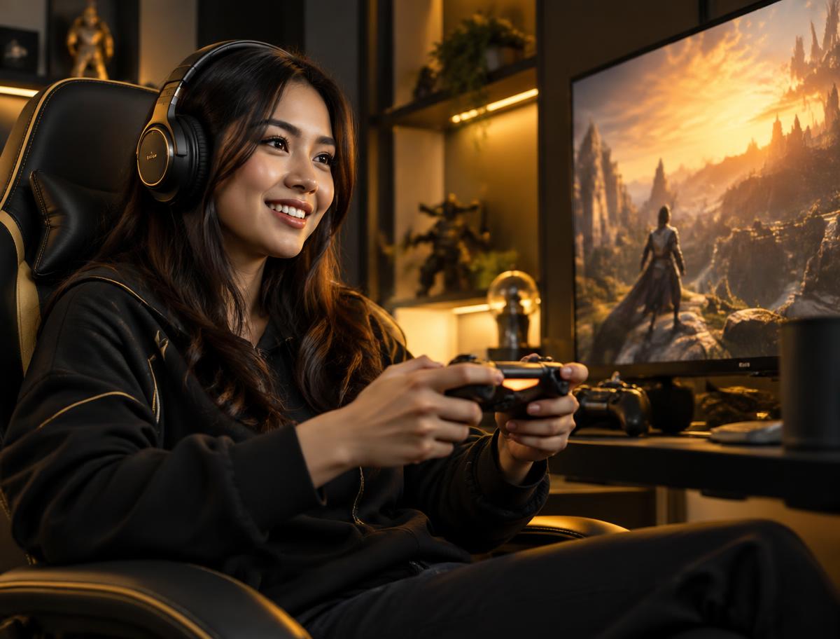 Seorang wanita menikmati permainan menggunakan pengontrol game